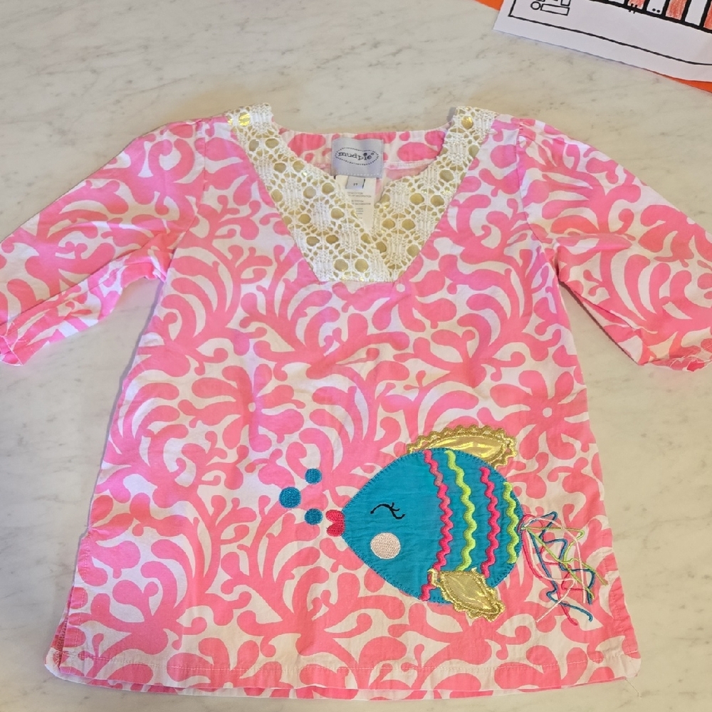 Pink and White Fish Embroidered Top